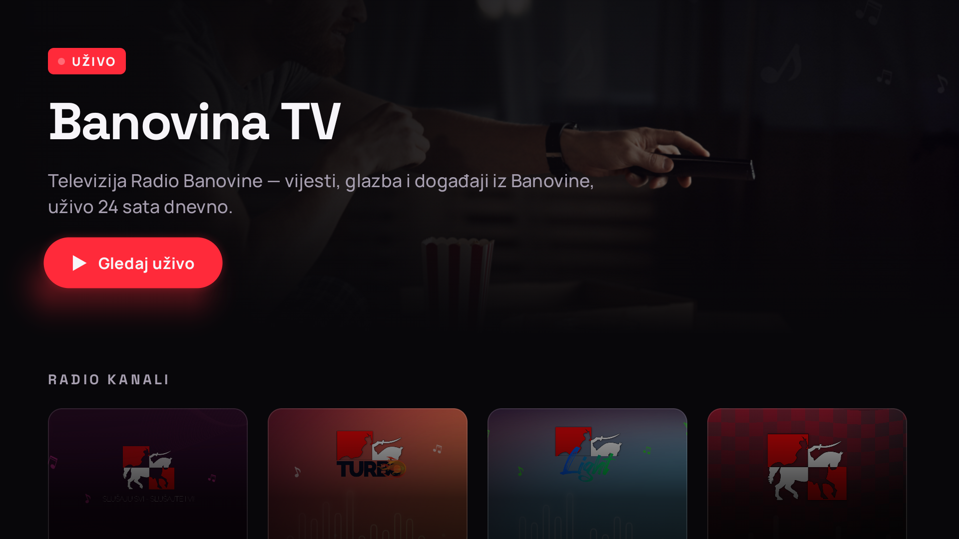 Android TV: početni zaslon s televizijom uživo i radijskim kanalima.