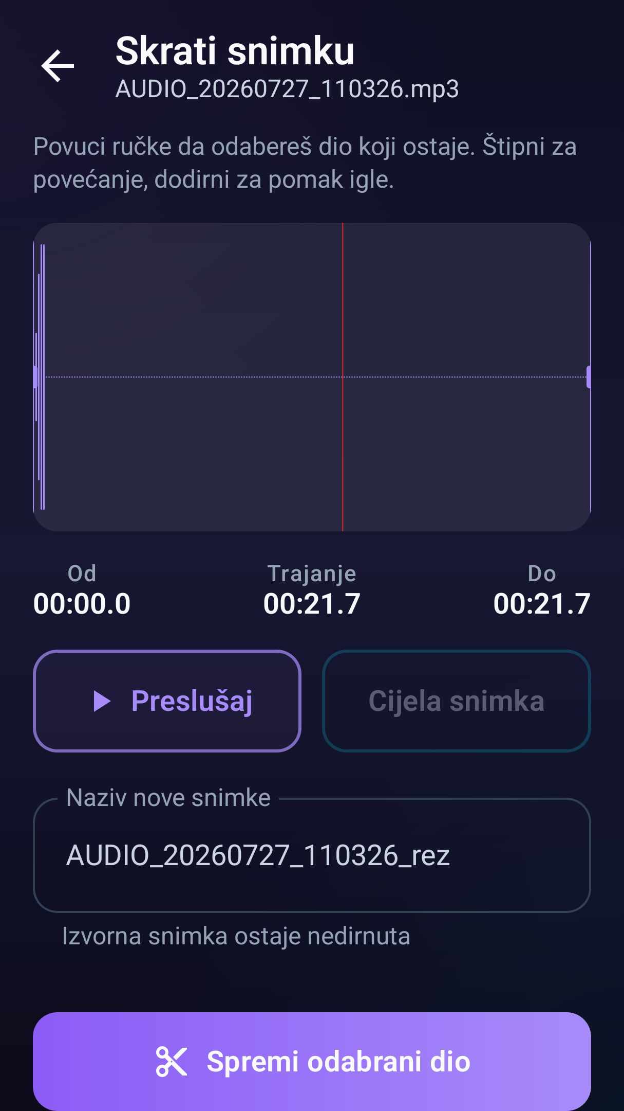 Odabir dijela tonske snimke i spremanje nove kopije.