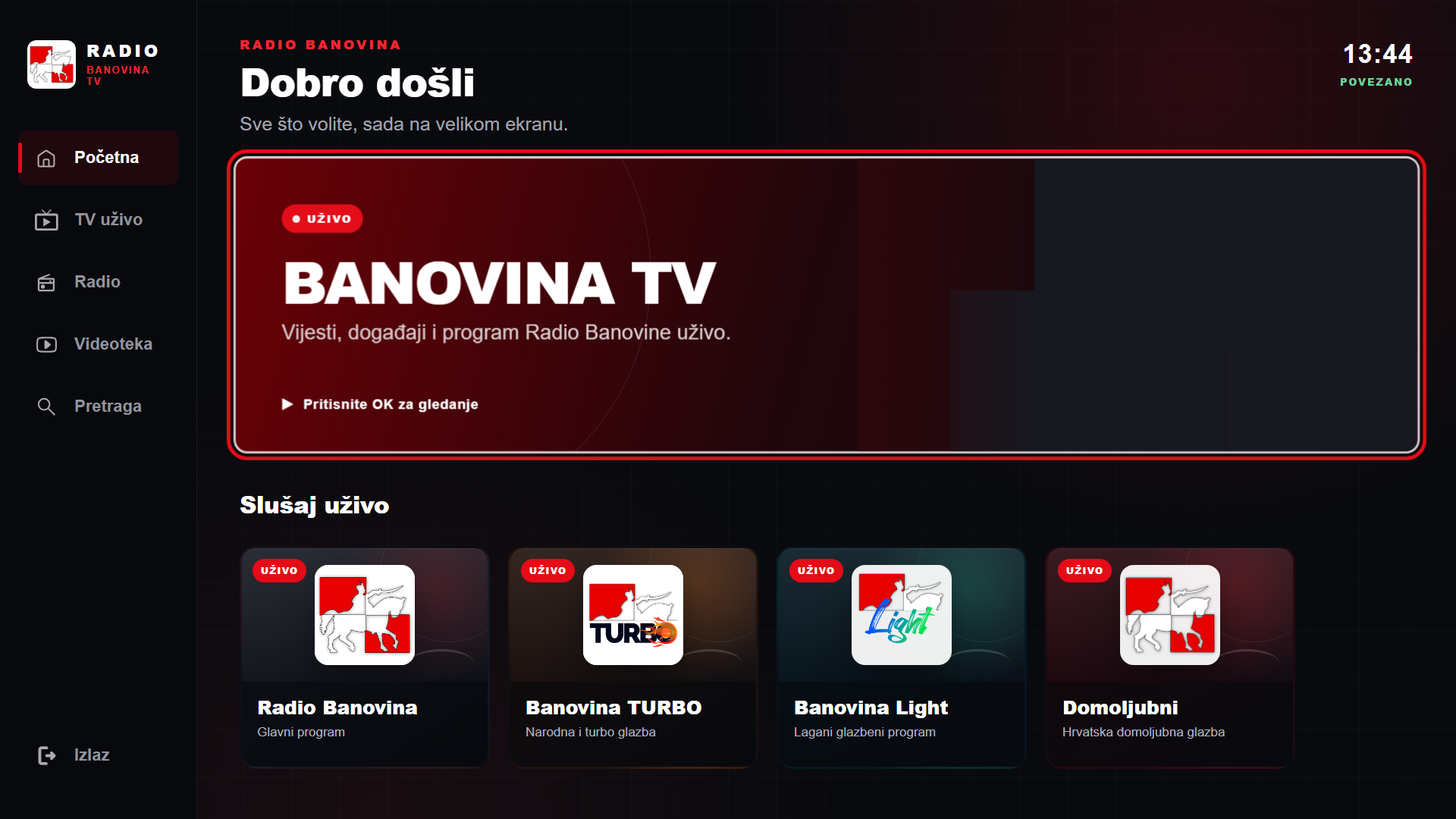 Samsung Tizen: primjer početnog sučelja s TV-om, radiom i videotekom.