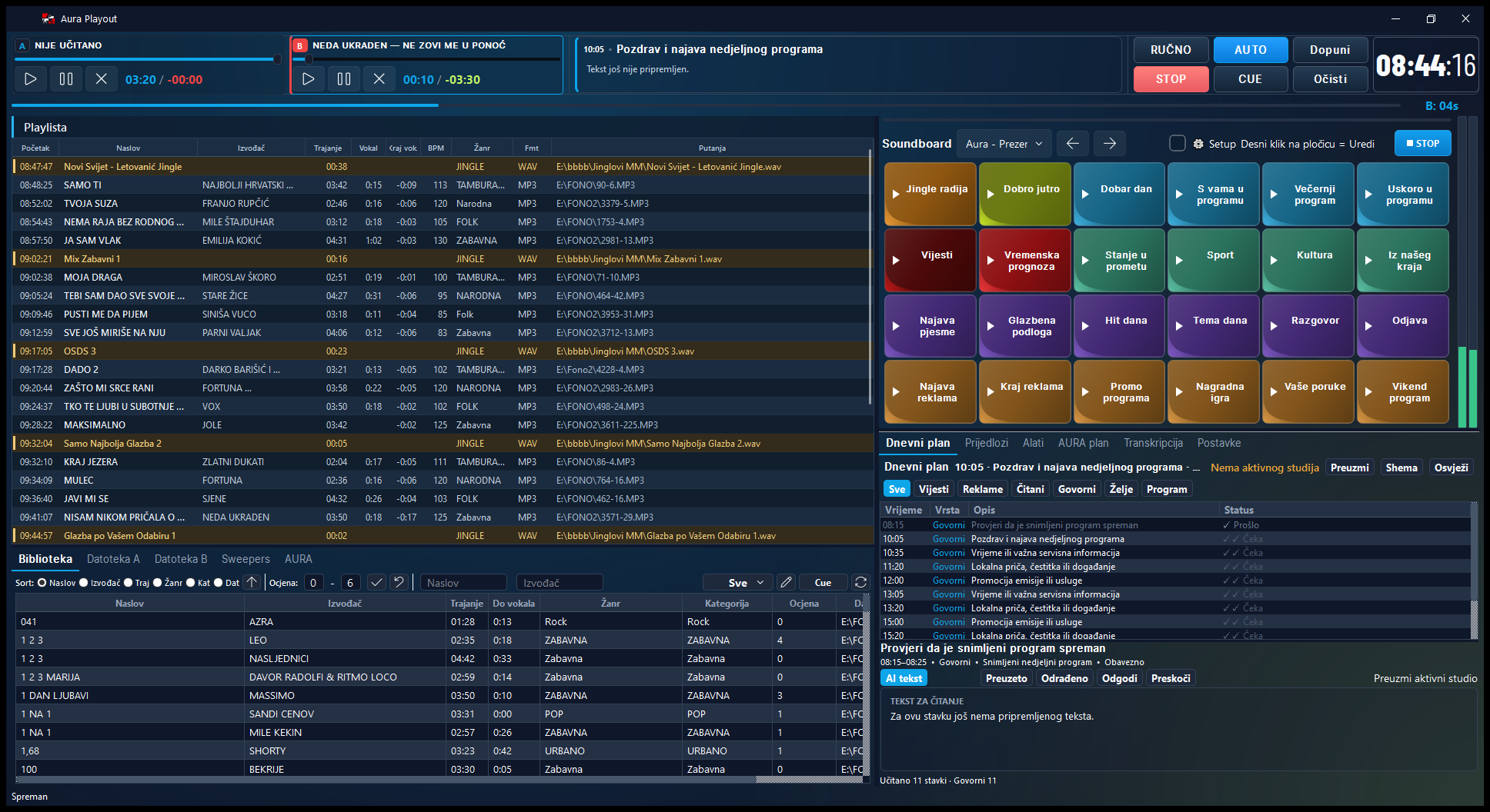 LOREL Broadcast Suite with a song and jingle queue, library, Soundboard tiles and a daily plan for news and other content.