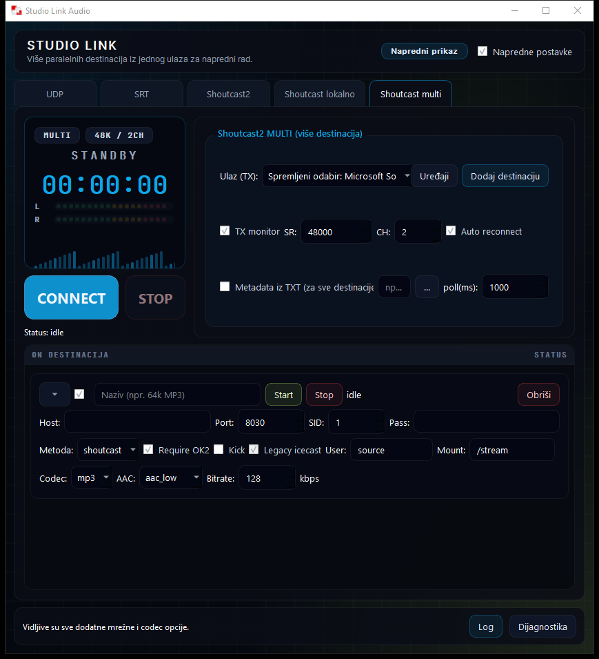 Shoutcast multi: zajednički ulaz i odvojene destinacije, svaka sa svojim formatom i postavkama.