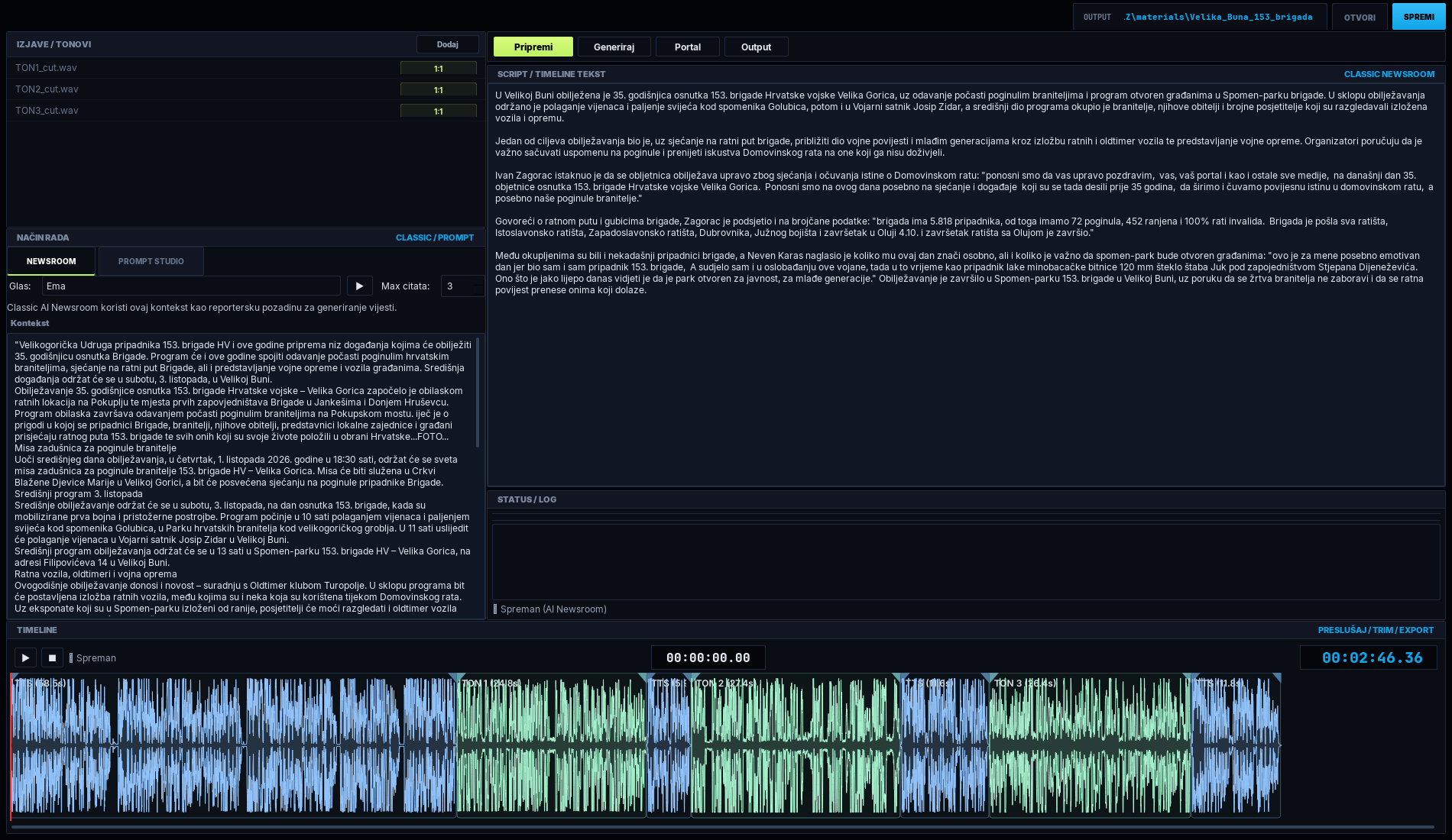 Radio Newsroom s izjavama, tekstom priloga i audio timelineom.
